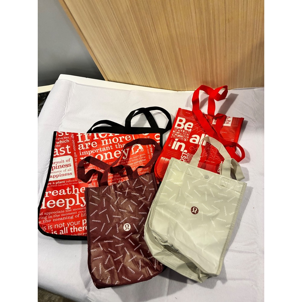 Lululemon Reusable Shopping Tote Bag Bundle Red Burgundy Grey Set 4 Mixed Sizes